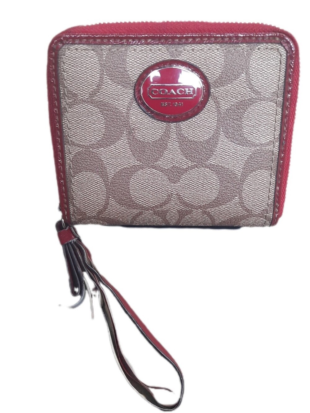 Coach Beige Signature Canvas Wallet with Pink Trim and Tassel Wristlet